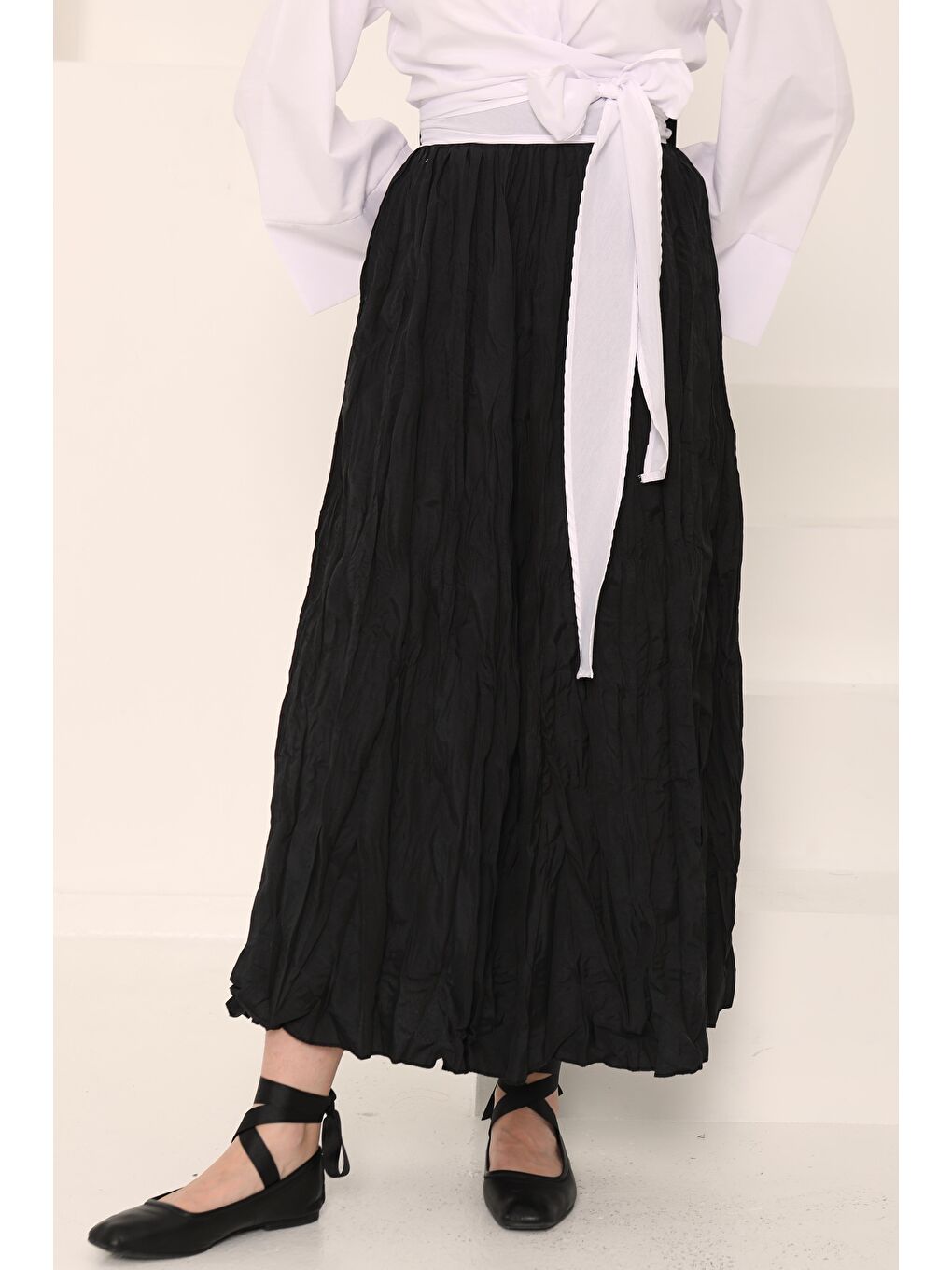 Beli Lastikli Kırışık Etek Siyah - 27013-5