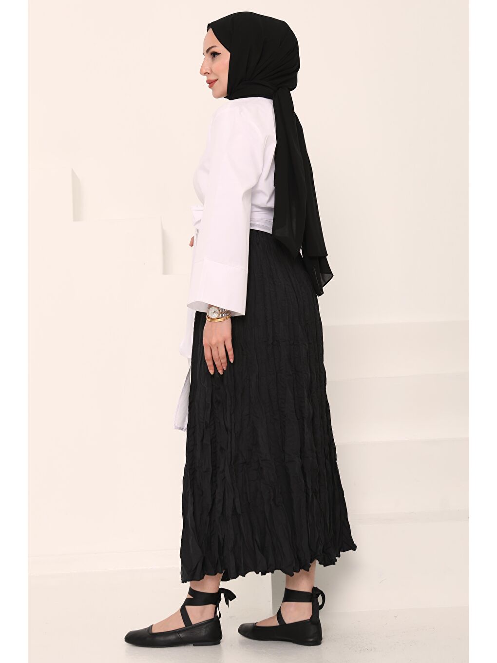 Beli Lastikli Kırışık Etek Siyah - 27013-6