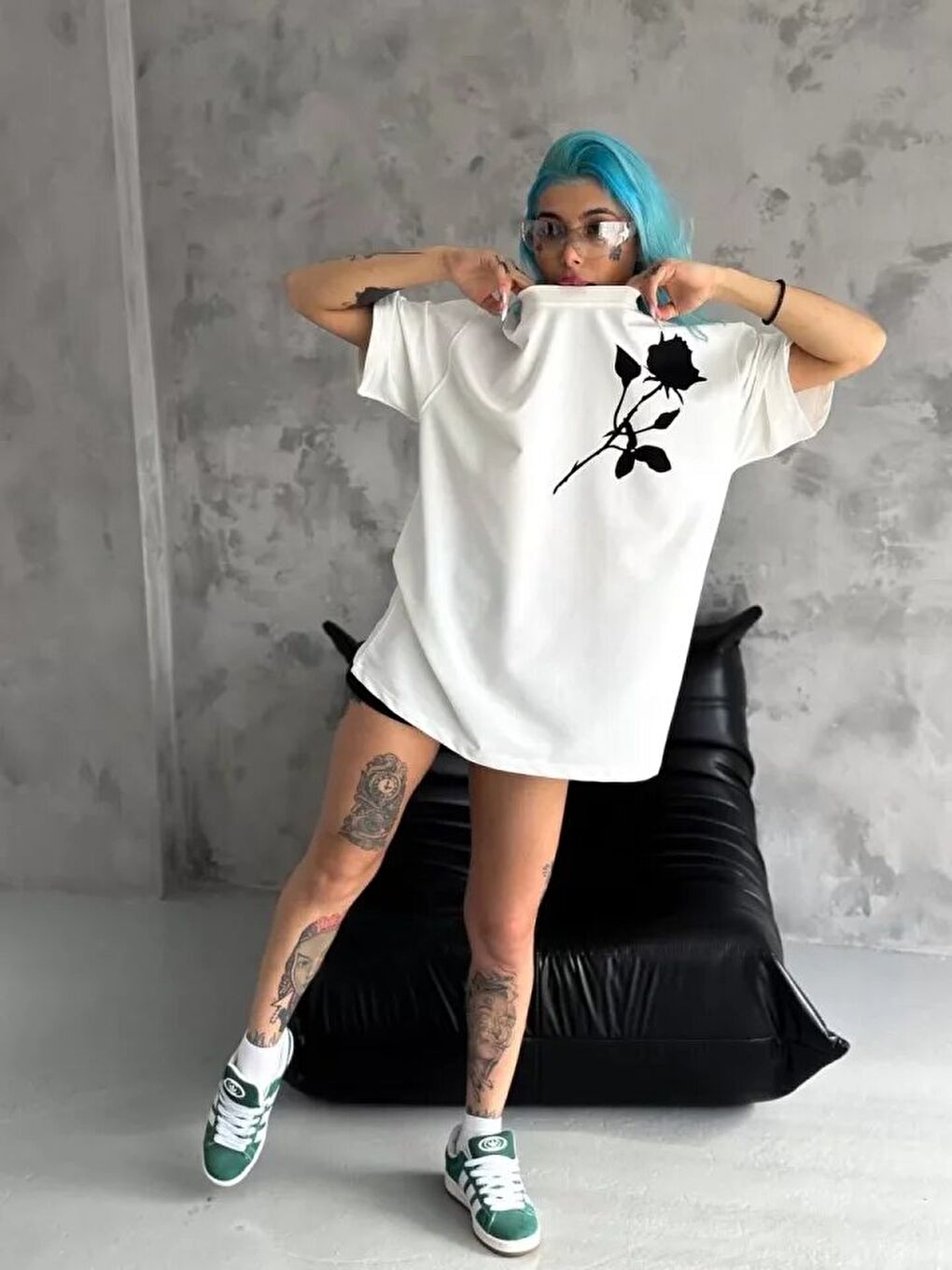 Unisex Bisiklet Yaka Baskılı Oversize T-Shirt - Beyaz-2