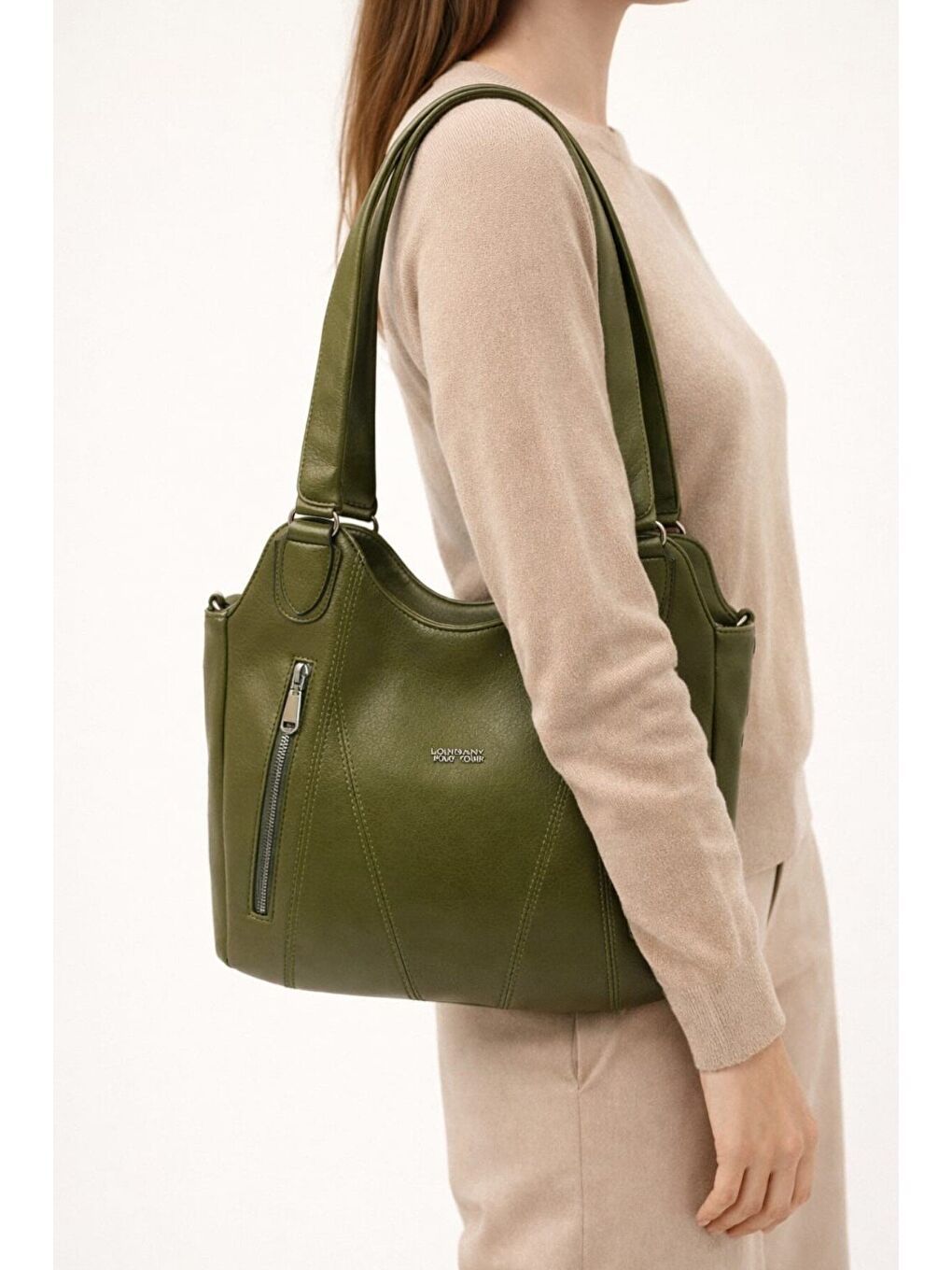 Haki Kadın Siyah Çift Fermuar Detaylı Geniş Hacimli Omuz Çantası 12650-1