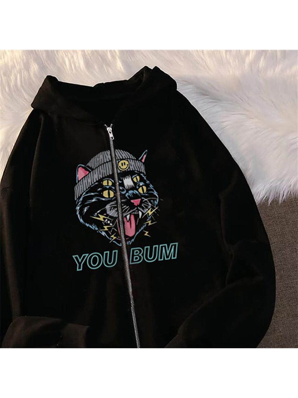 Touz Moda Siyah You Bum Cat Baskılı Oversize Fermuarlı Siyah Unisex Kapüşonlu Hırka - 1