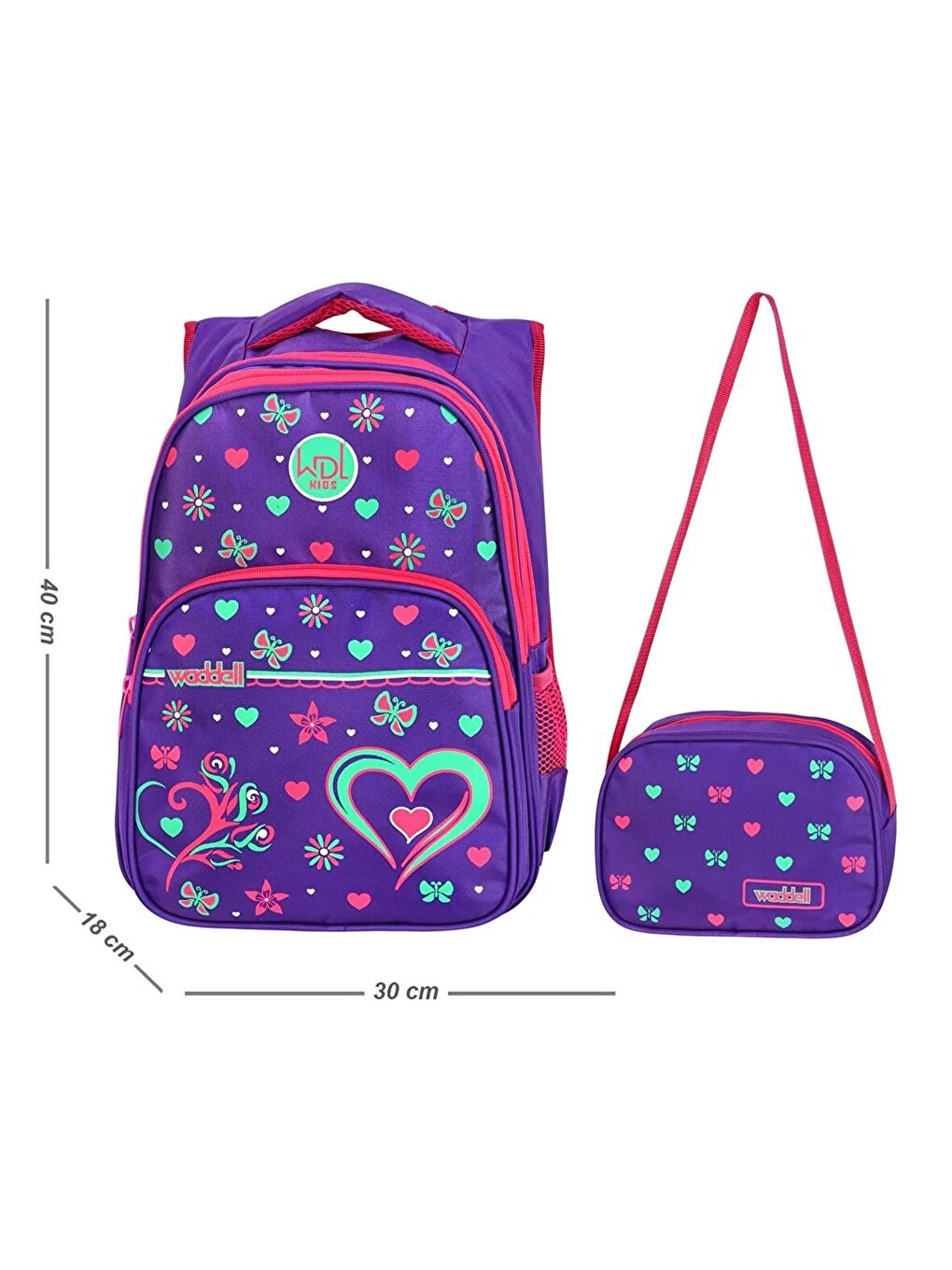 3 Bölmeli İlkokul Çantası ve Beslenme Çantası Kalp Mor 3025-1