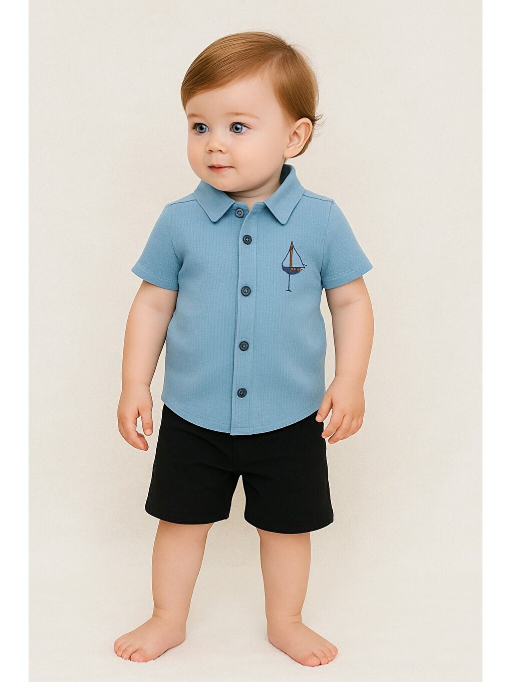 Mavi Tarz Erkek Bebek Gömlekli Yelken Desenli Belden Ayarlanabilir Kısa Kollu Şortlu 2'li Takım-1