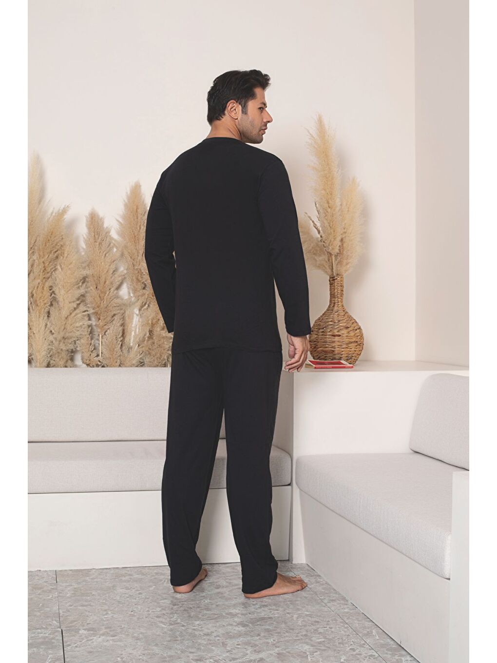 Erkek Siyah %100 Pamuk Uzun Kollu Kaliteli Rahat Pijama Takımı-3