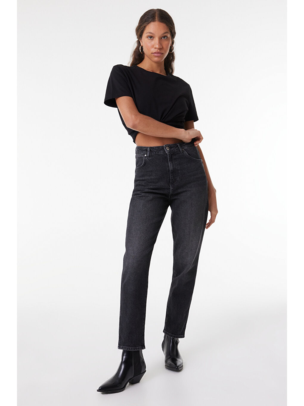 Bej Mom Slim Fit Dar Kesim Yüksek Bel Dar Paça Esnek Jean Jean Pantolon