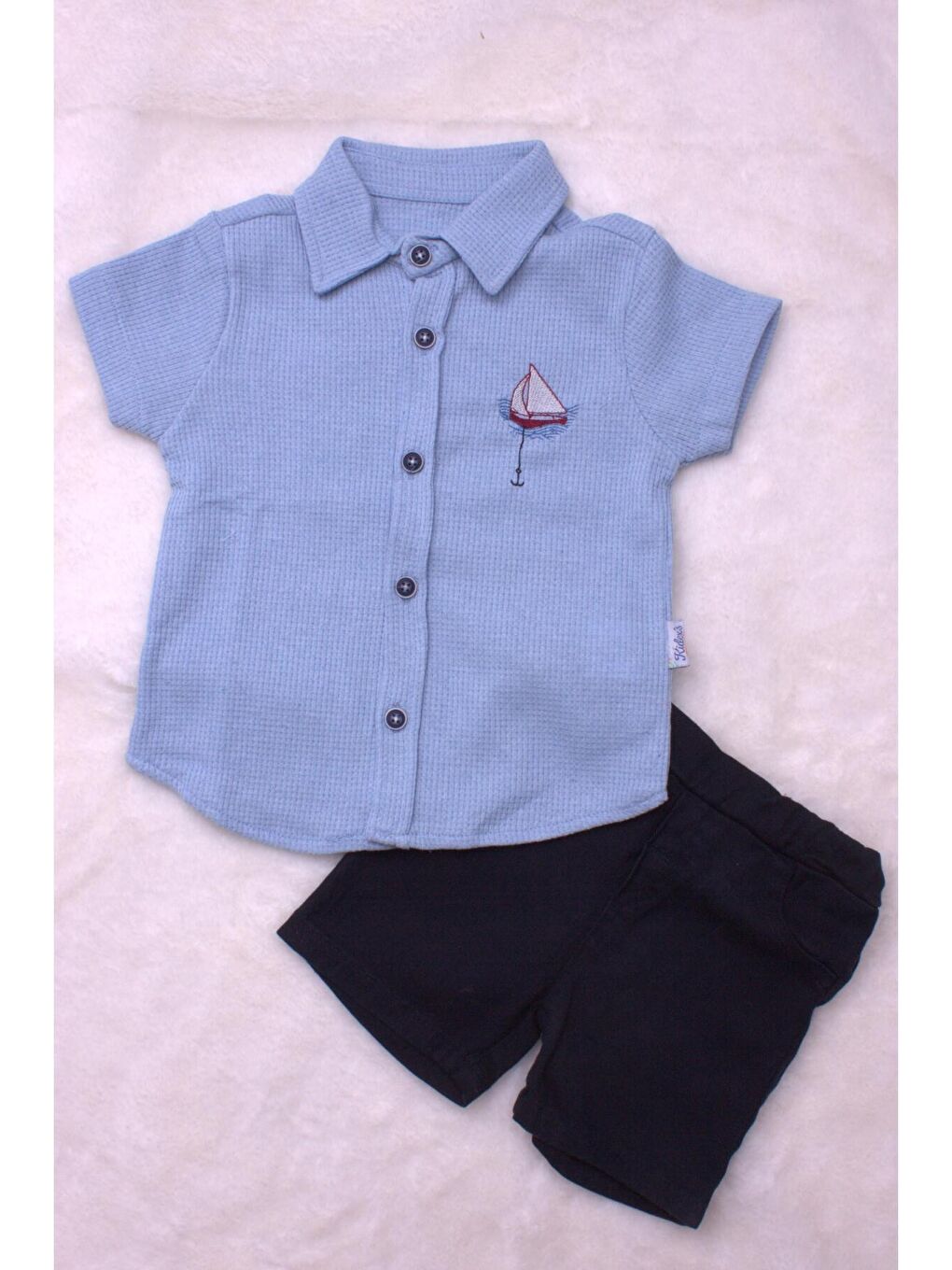 Mavi Tarz Erkek Bebek Gömlekli Yelken Desenli Belden Ayarlanabilir Kısa Kollu Şortlu 2'li Takım-2