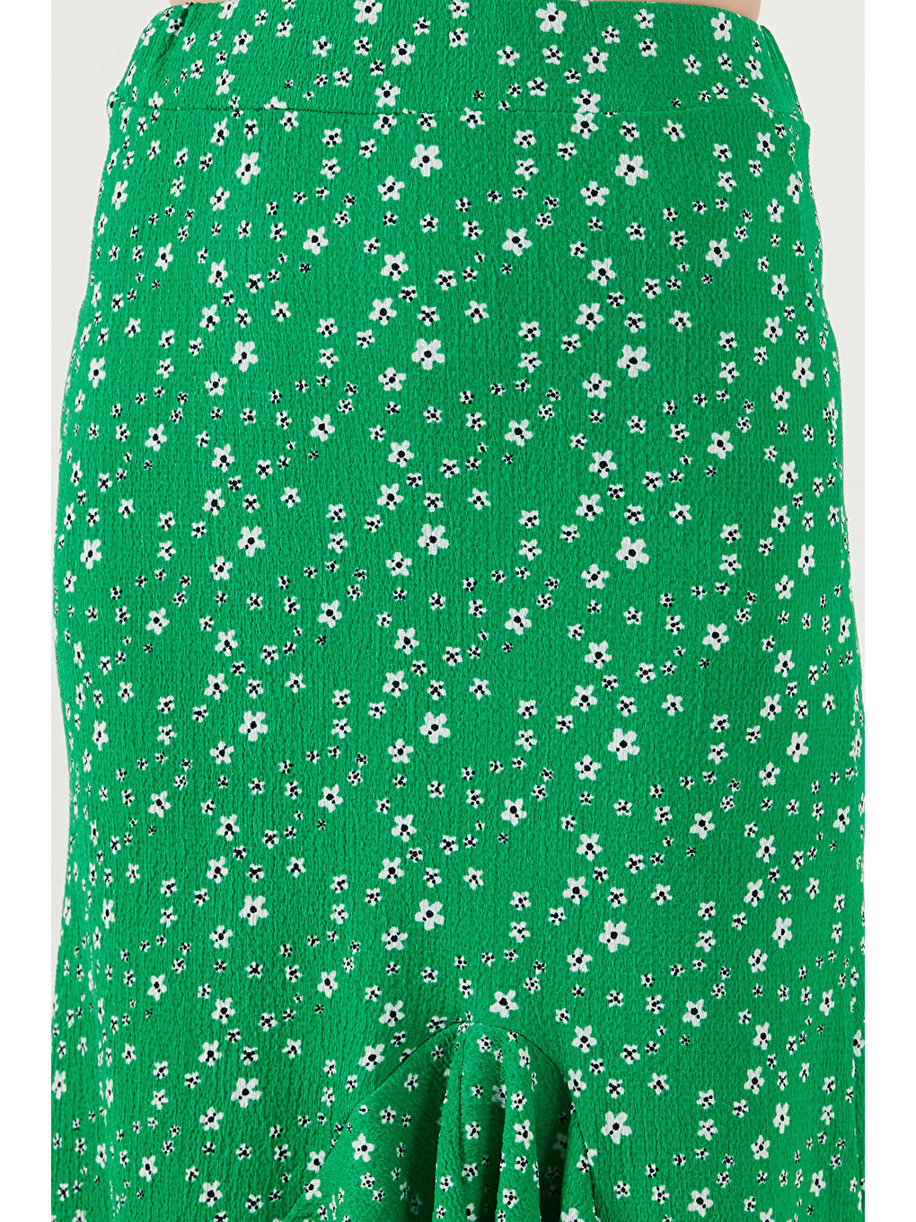 Yeşil Çiçek Desenli Regular Fit Volanlı Yüksek Bel Midi Boy Yırtmaçlı Etek 5869012-5