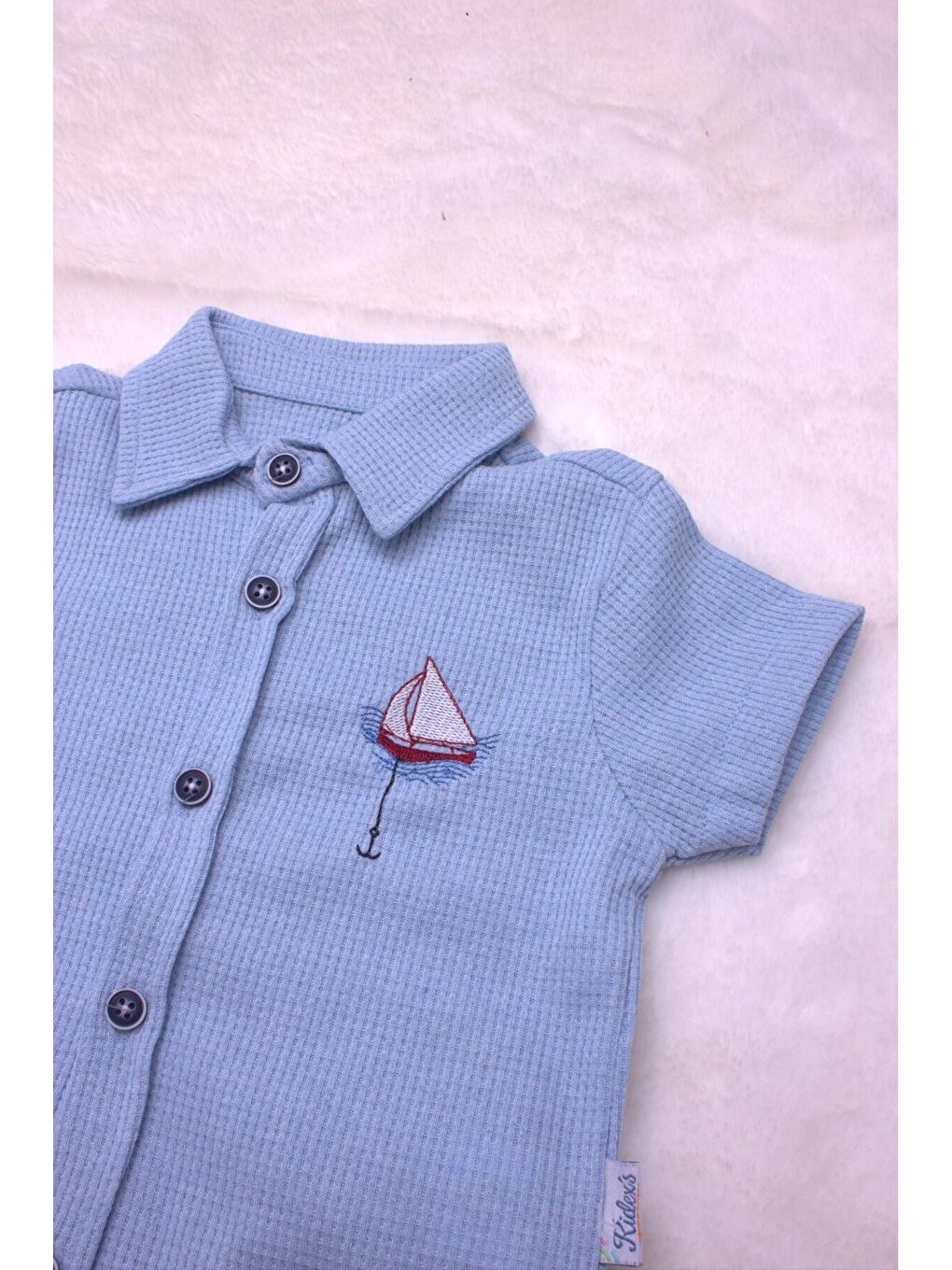 Mavi Tarz Erkek Bebek Gömlekli Yelken Desenli Belden Ayarlanabilir Kısa Kollu Şortlu 2'li Takım-3