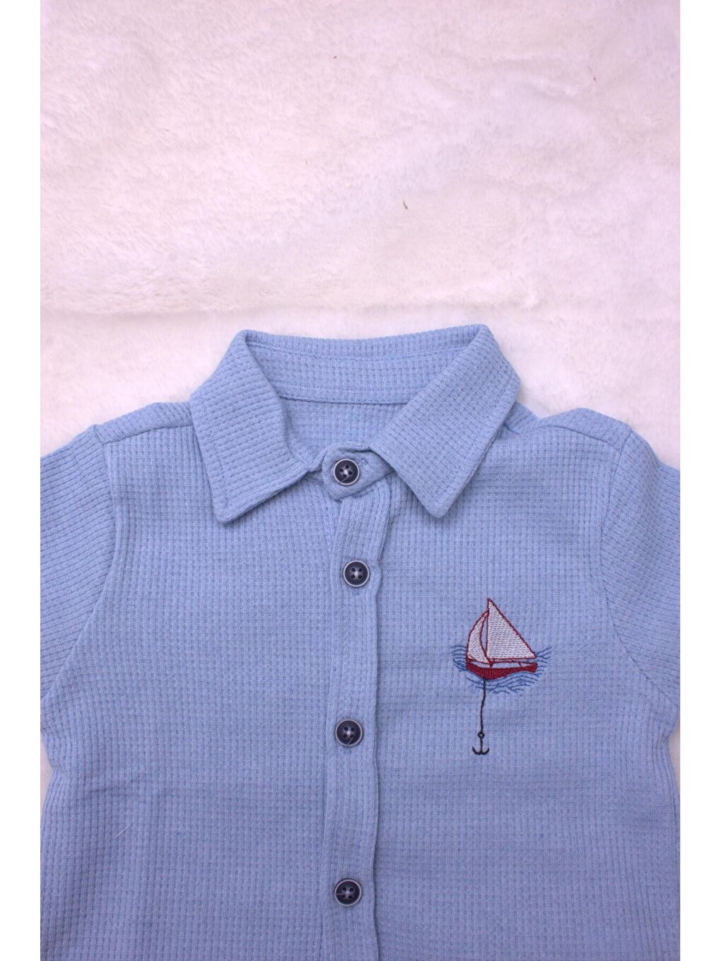 Mavi Tarz Erkek Bebek Gömlekli Yelken Desenli Belden Ayarlanabilir Kısa Kollu Şortlu 2'li Takım-4