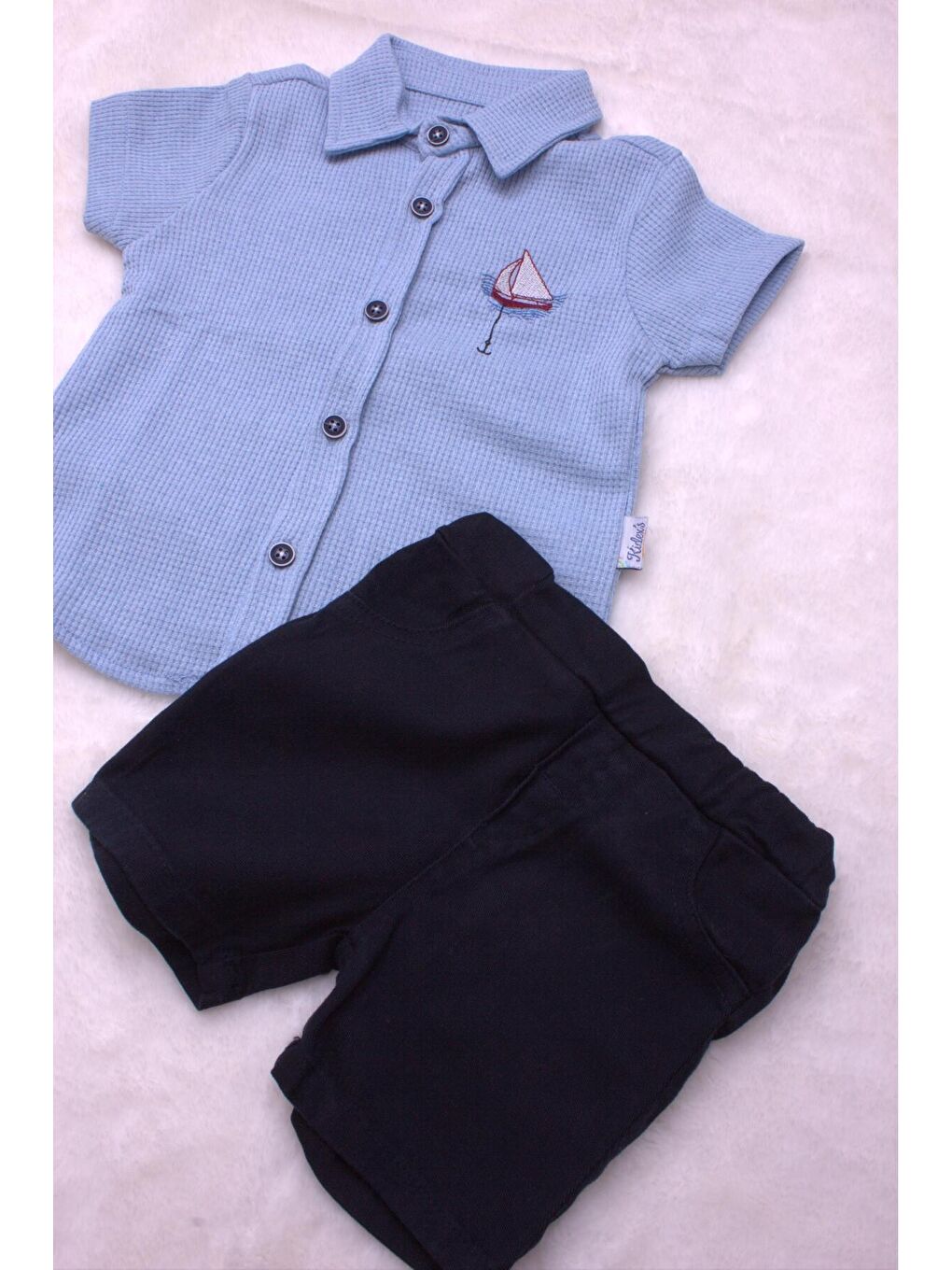 Mavi Tarz Erkek Bebek Gömlekli Yelken Desenli Belden Ayarlanabilir Kısa Kollu Şortlu 2'li Takım-5