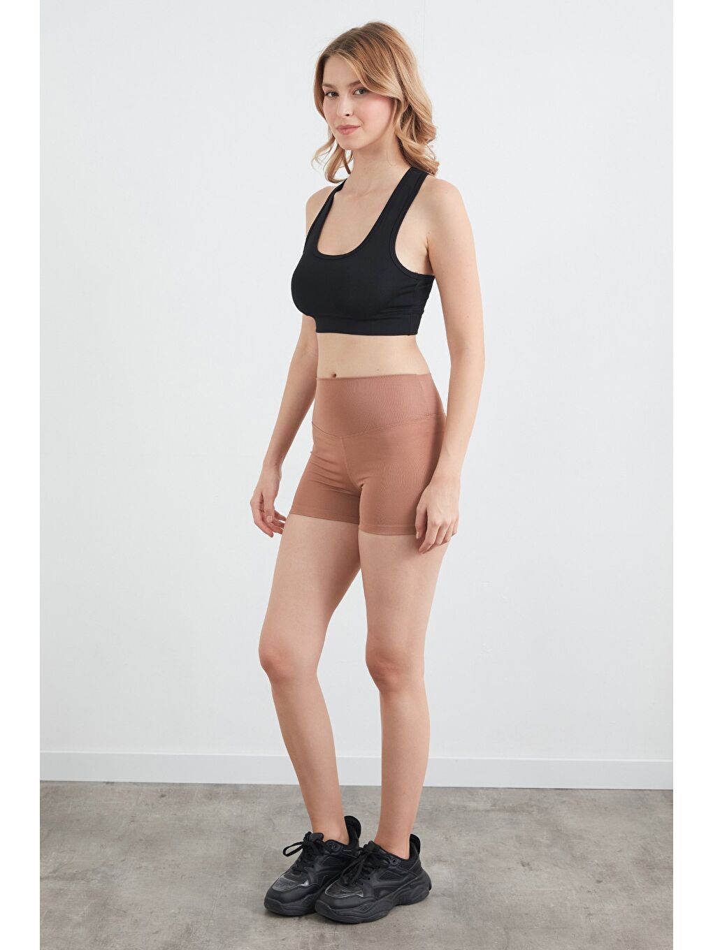 Bej Active Yazı Baskılı Dalgıç Kumaş Biker Tayt-1