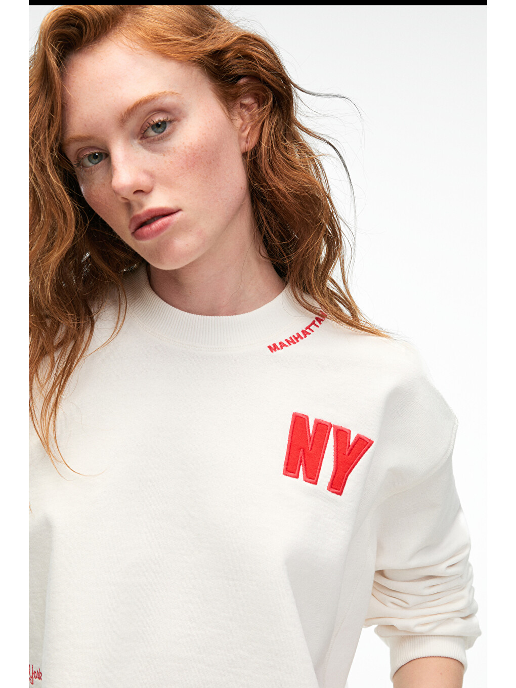 Delyra Kadın Bisiklet Yaka Rahat Kesim Nakış Detaylı Ekru Sweatshirt-5