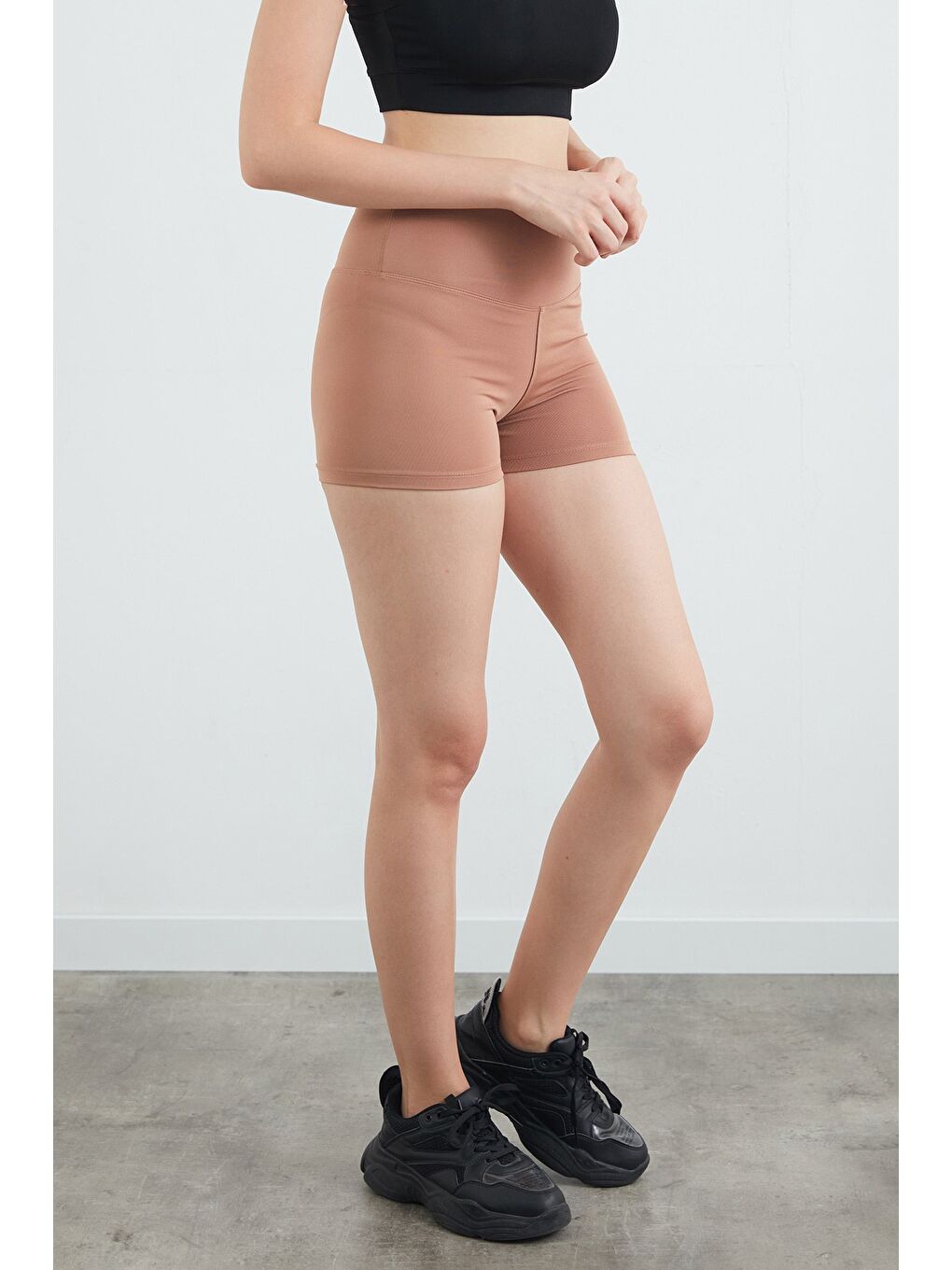 Bej Active Yazı Baskılı Dalgıç Kumaş Biker Tayt-3