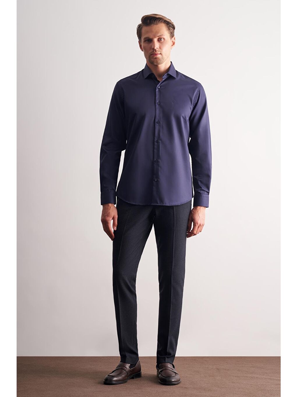 Lacivert Yarım İtalyan Yaka Saten Uzun Kol Slim Fit %100 Pamuk Gömlek 1004255188-1