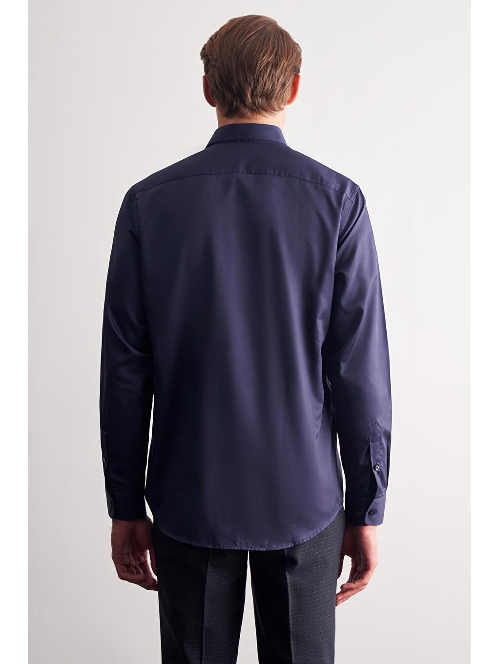 Lacivert Yarım İtalyan Yaka Saten Uzun Kol Slim Fit %100 Pamuk Gömlek 1004255188-4