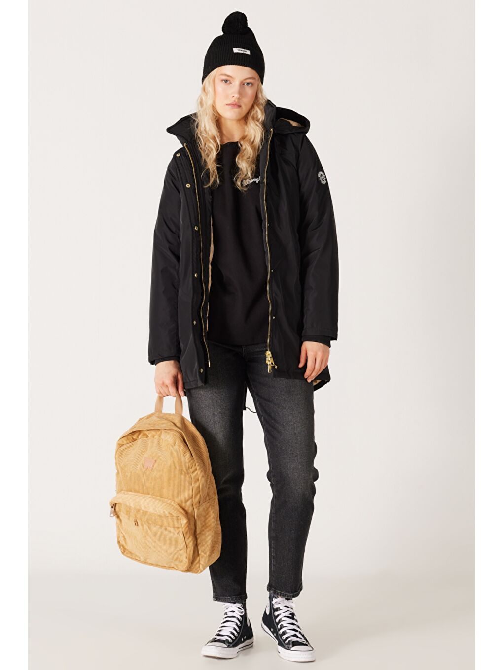 Loose Fit Rahat Kesim Kapüşonlu Siyah Parka Ceket-5