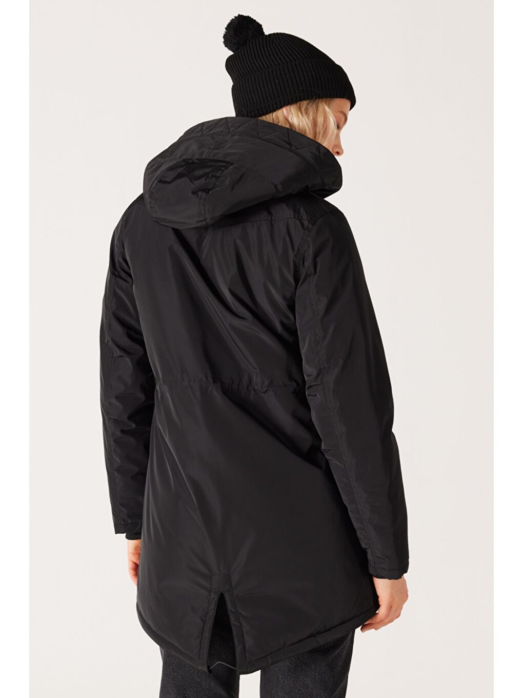 Loose Fit Rahat Kesim Kapüşonlu Siyah Parka Ceket-7