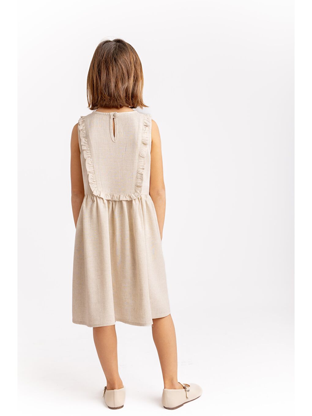 Ekru Dikdörtgen Robası Nakışlı Keten Elbise 2-7 Yaş Naturel-1