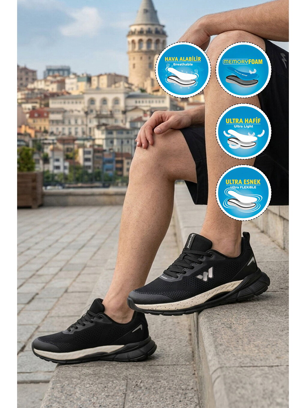 Siyah-Beyaz Hafızalı Taban İthal Fileli Hafif Esnek Erkek Spor Ayakkabı Relaxon M-2