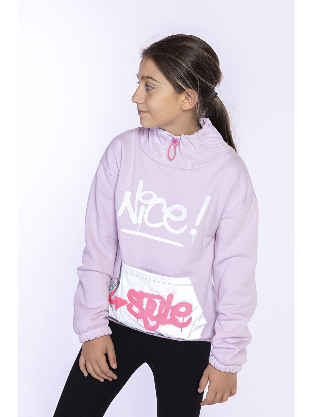 Toontoykids Açık Lila Kız Çocuk Bol Yaka Reklektörlü Kanguru Cepli Sweatshirt