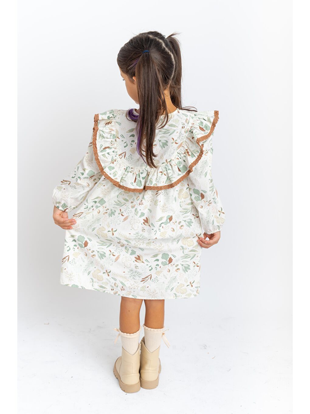 Fırfır Dantelli Poplin Elbise 2-7 Yaş Ekru Desenli-1