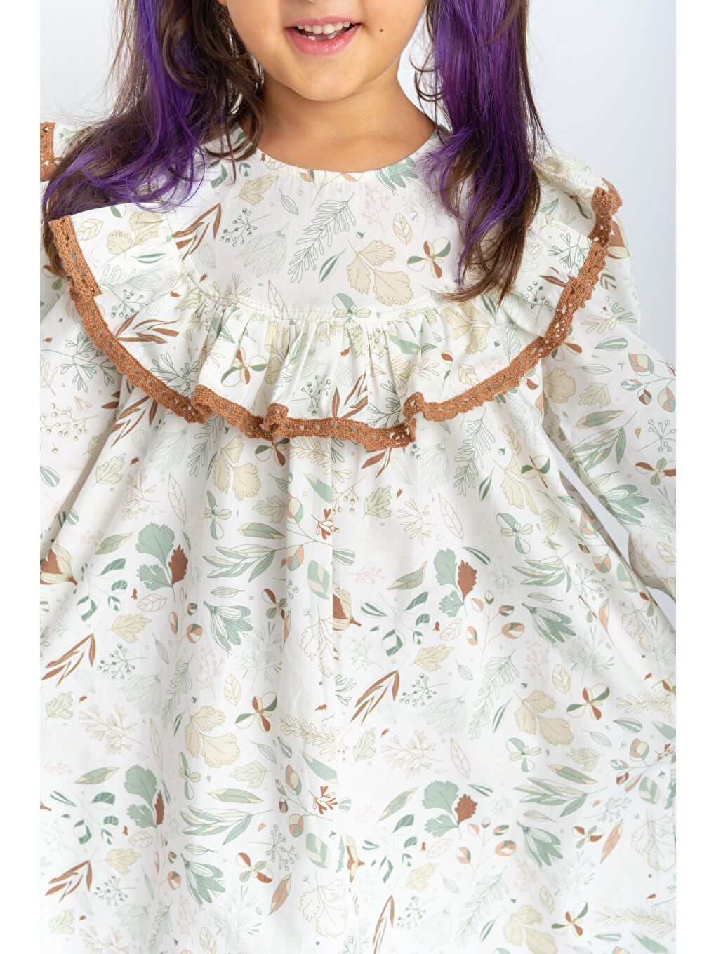 Fırfır Dantelli Poplin Elbise 2-7 Yaş Ekru Desenli-2