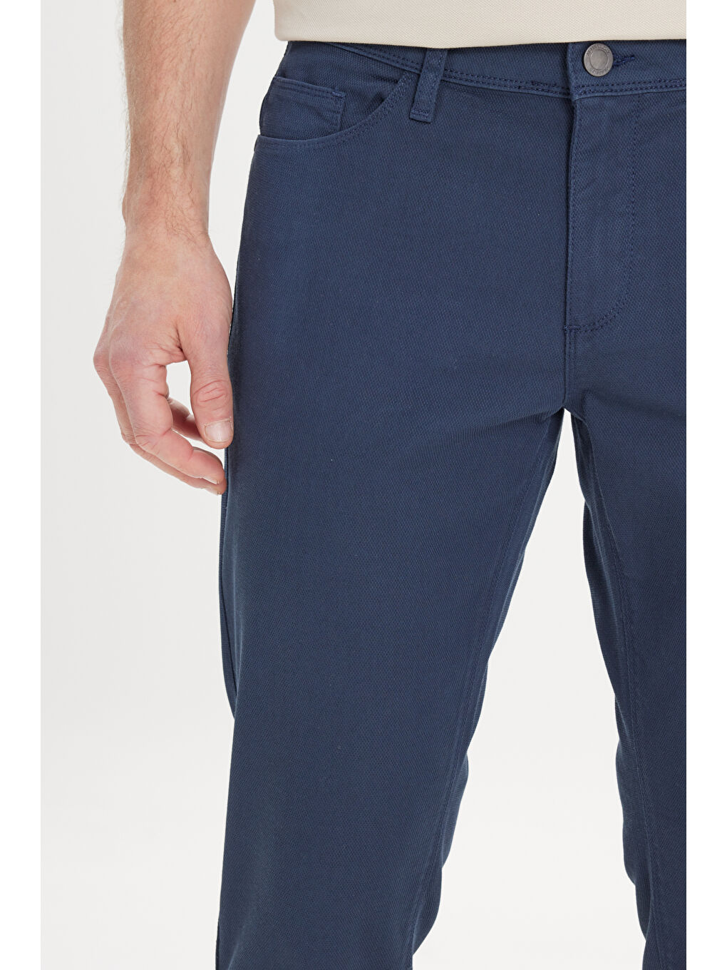 Erkek Lacivert Slim Fit Dar Kesim 5 Cep Armürlü Esnek Pantolon-4