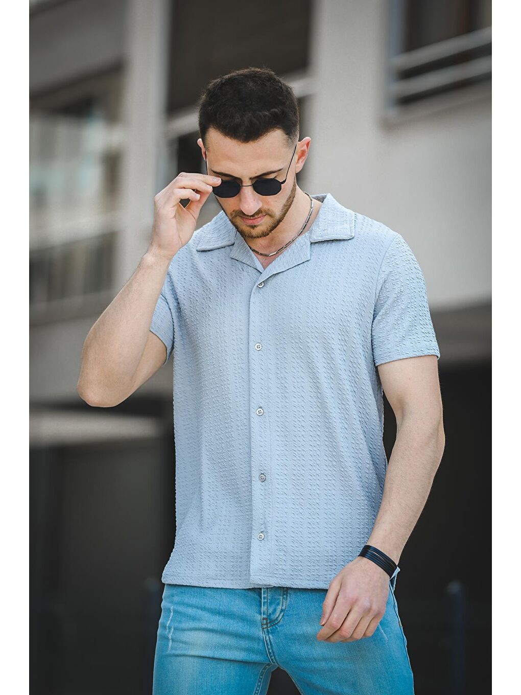 Oksit Gri Dokulu Slim Fit Full Likralı Kısa Kol Apaç Yaka Erkek Gömlek