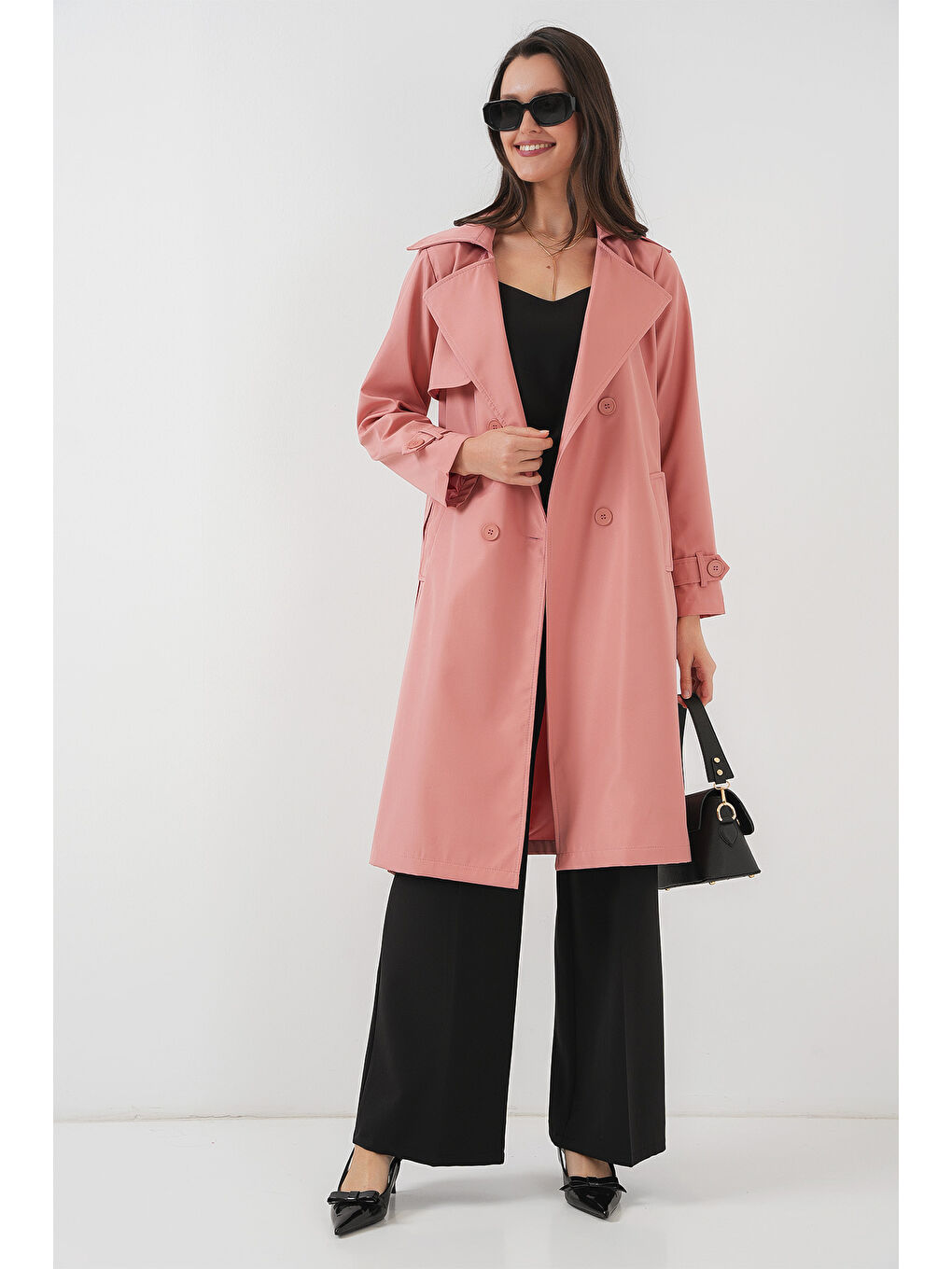 5918 Kruvaze Yaka Trençkot - Pembe-1