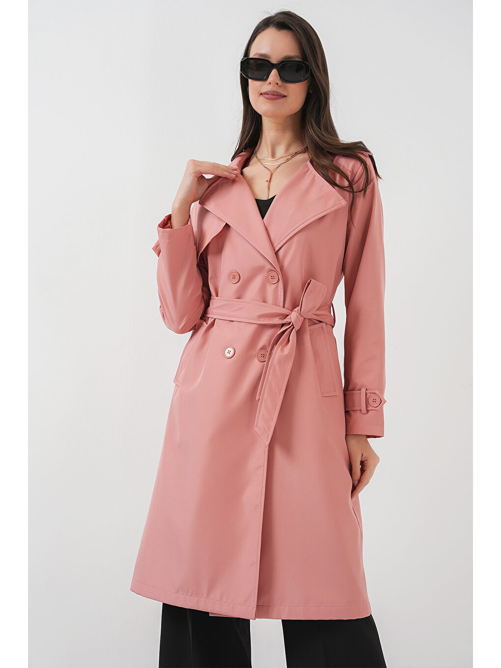 5918 Kruvaze Yaka Trençkot - Pembe-2