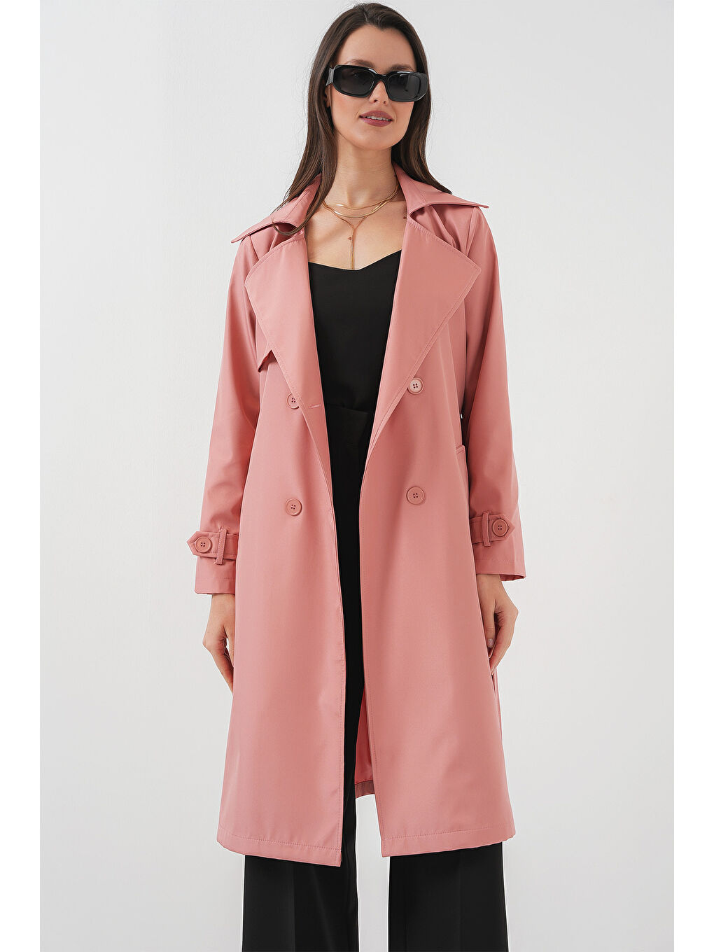 5918 Kruvaze Yaka Trençkot - Pembe-3