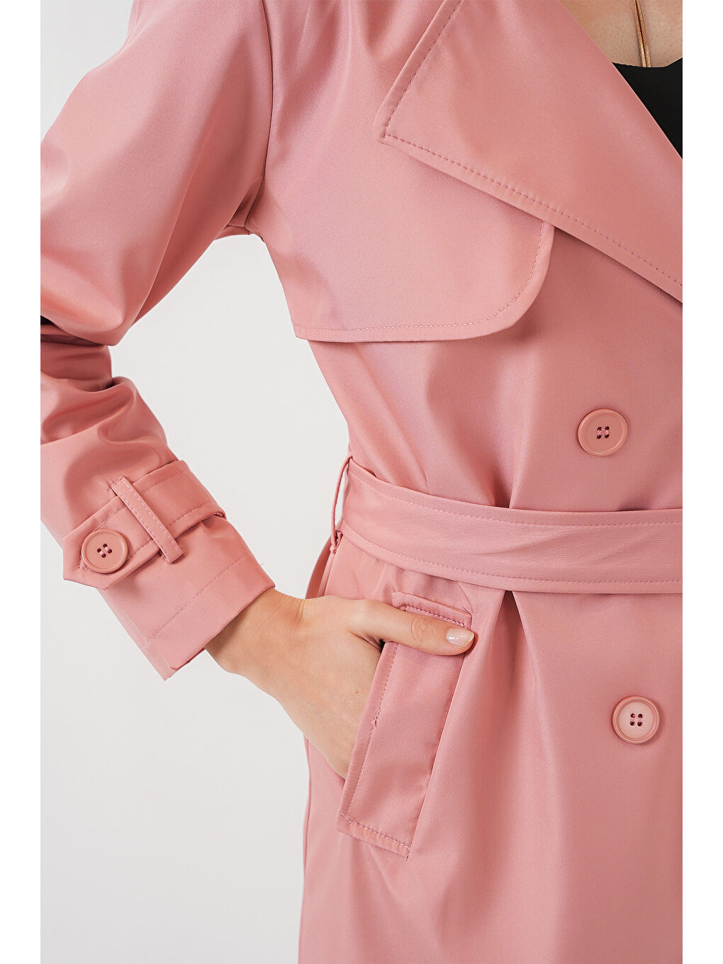 5918 Kruvaze Yaka Trençkot - Pembe-4