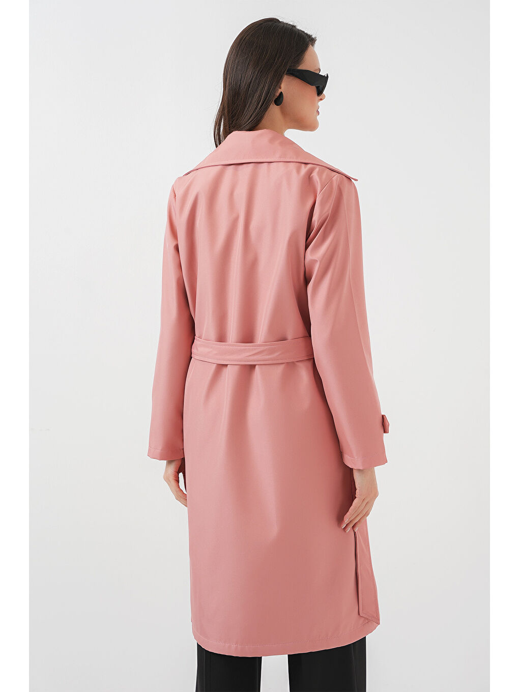 5918 Kruvaze Yaka Trençkot - Pembe-5