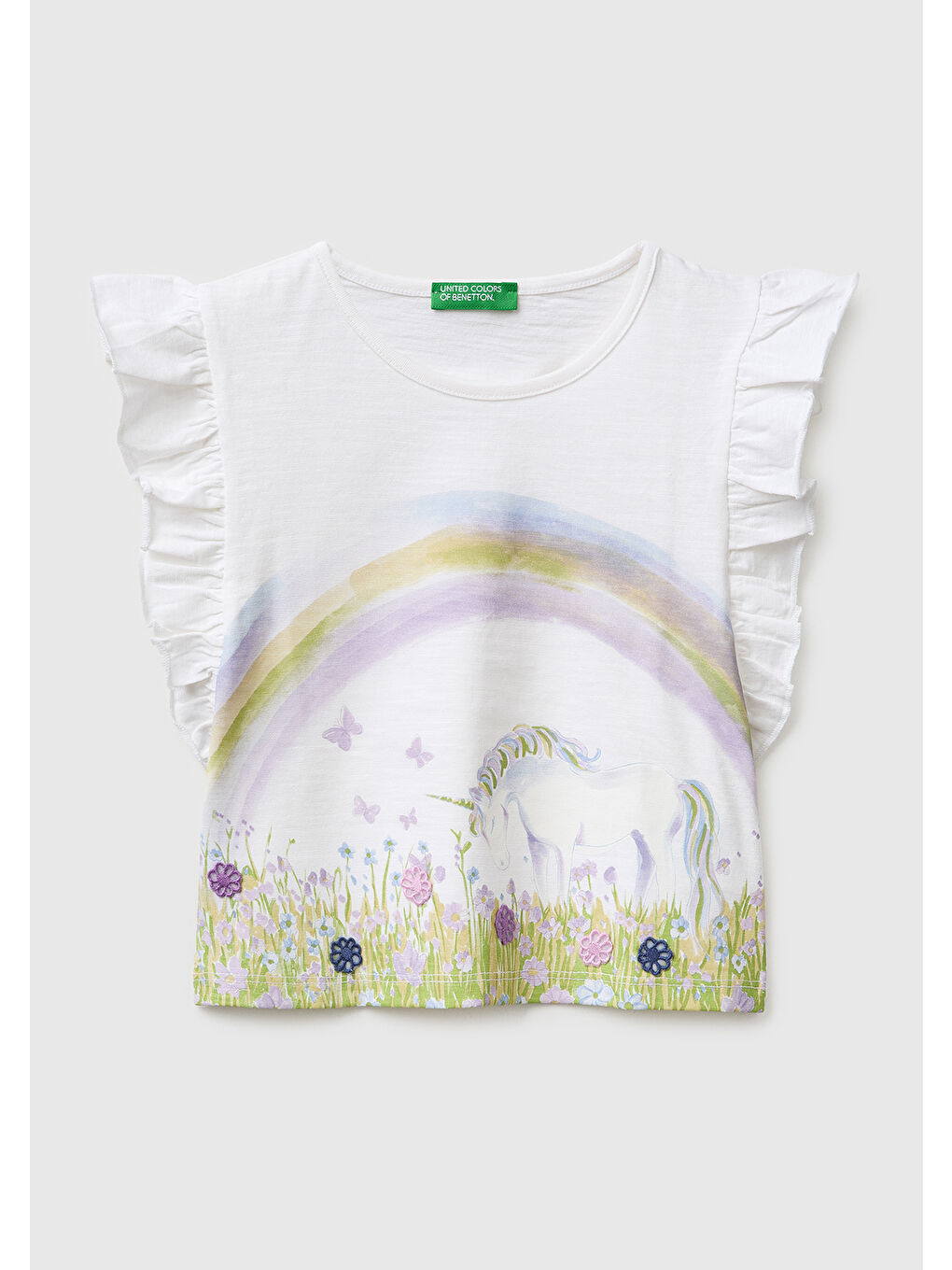 Kız Çocuk Beyaz İşlemeli Kelebek Baskılı Kolları Fırfırlı T-Shirt