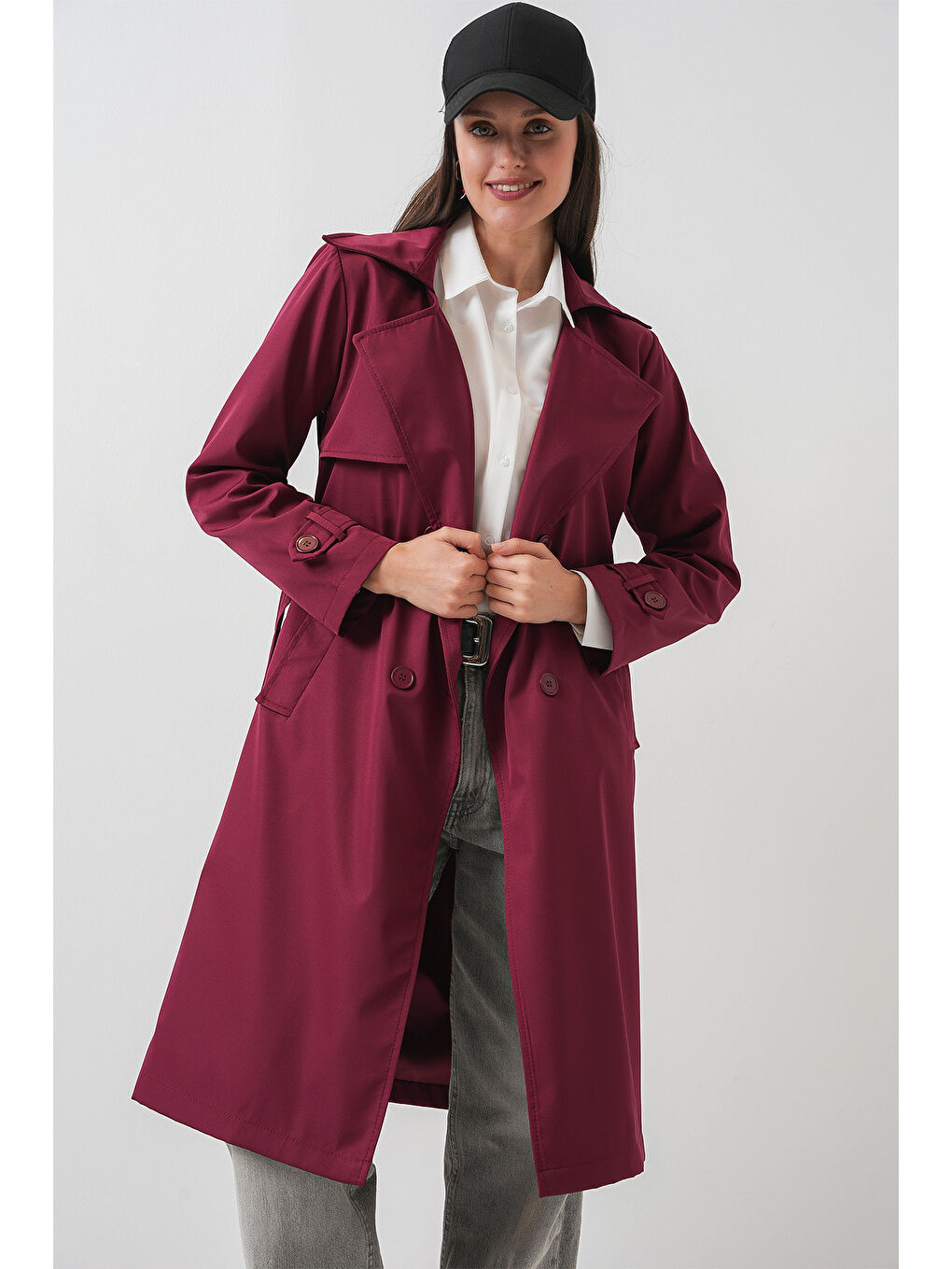 5918 Kruvaze Yaka Trençkot - Bordo-2