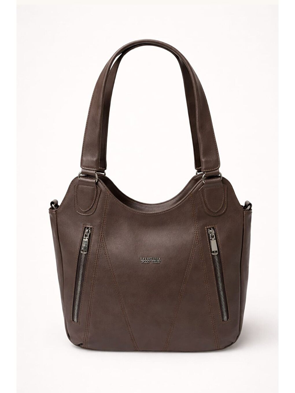 Kahverengi Kadın Siyah Çift Fermuar Detaylı Geniş Hacimli Omuz Çantası 12651