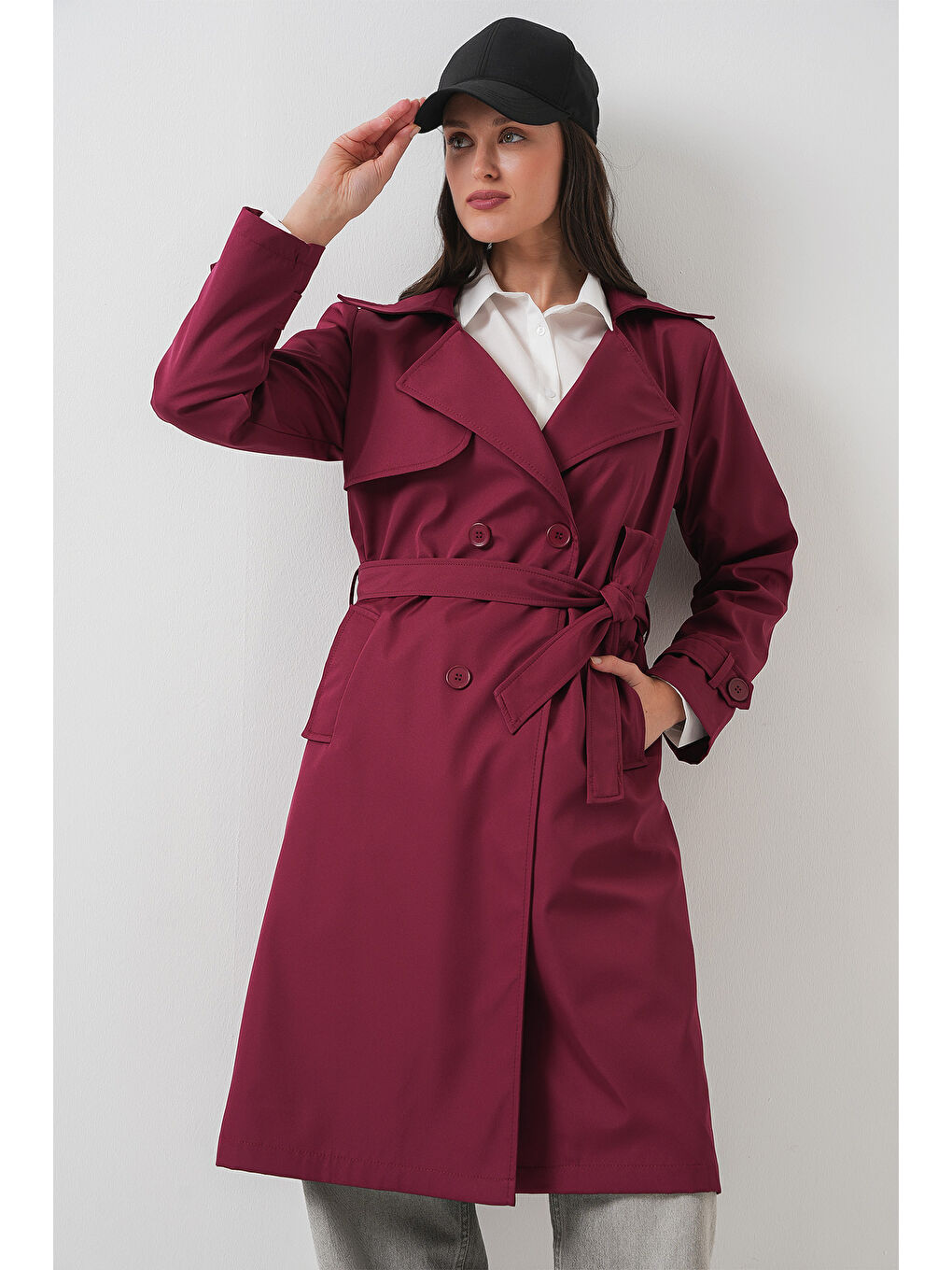 5918 Kruvaze Yaka Trençkot - Bordo-3