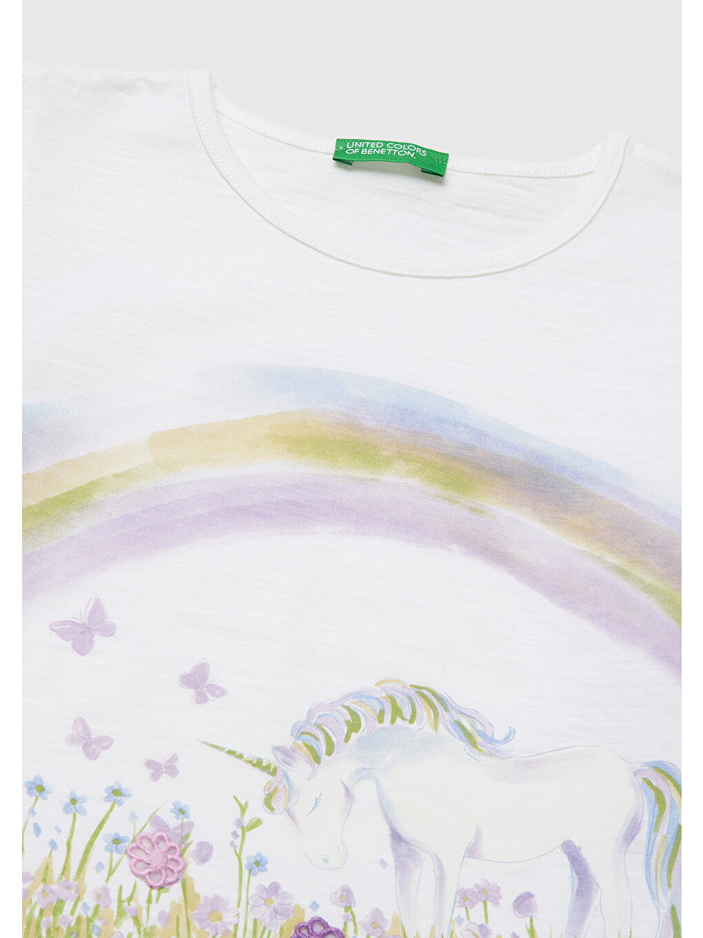 Kız Çocuk Beyaz İşlemeli Kelebek Baskılı Kolları Fırfırlı T-Shirt-2