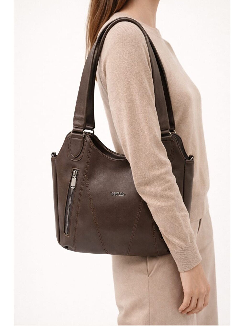 Kahverengi Kadın Siyah Çift Fermuar Detaylı Geniş Hacimli Omuz Çantası 12651-1