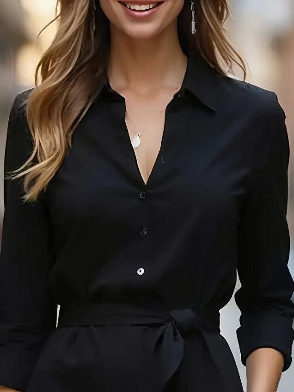 Siyah Kadın Uzun Kollu Yakalı Belden Kuşaklı Midi Trikoton Elbise-1