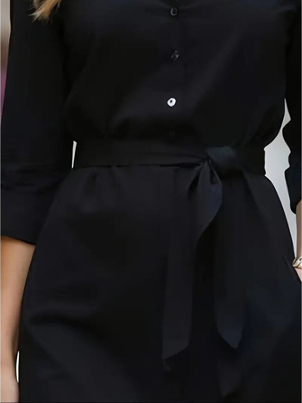 Siyah Kadın Uzun Kollu Yakalı Belden Kuşaklı Midi Trikoton Elbise-2