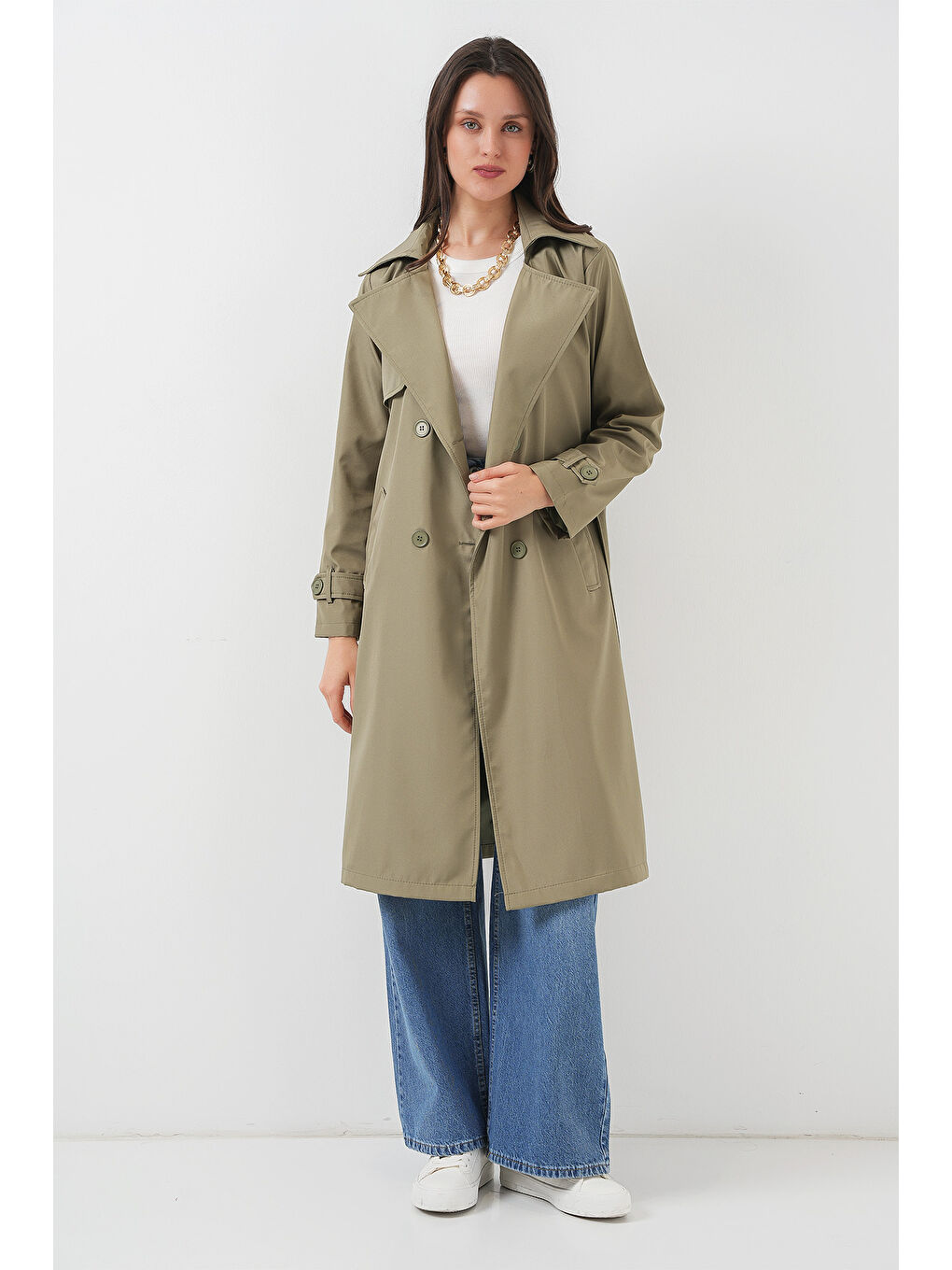 Yeşil 5918 Kruvaze Yaka Trençkot - Çağla-3