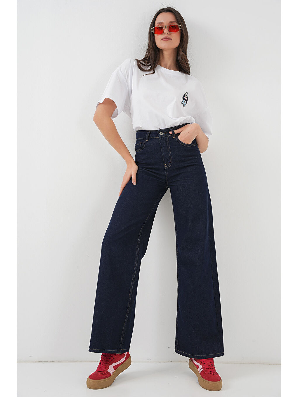 Kadın Bol Paça Yüksek Bel Palazzo Jean Pantolon 6656   K  Lacivert