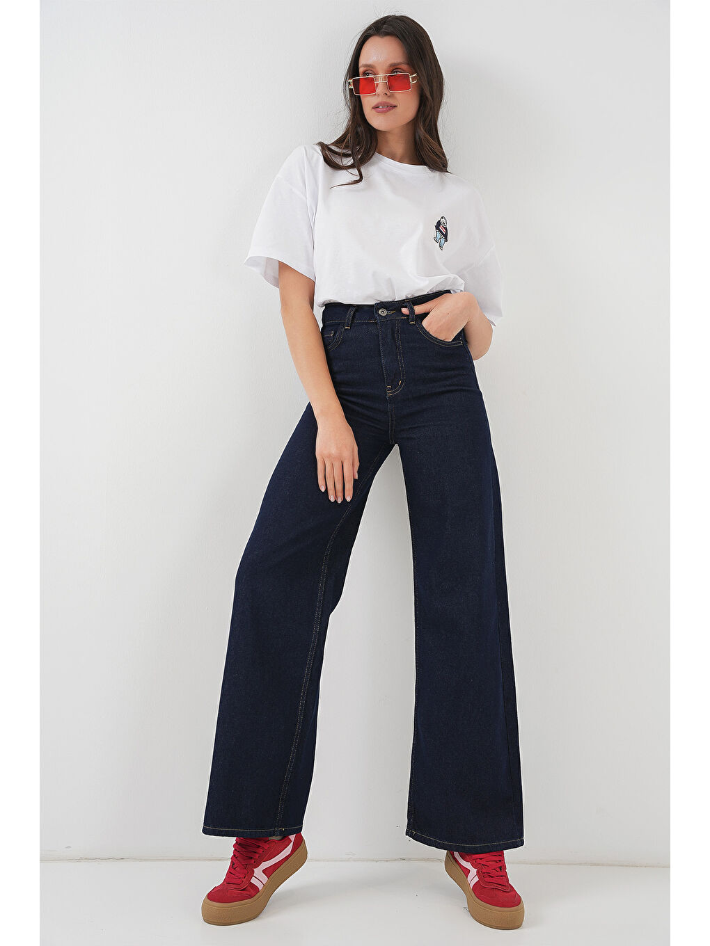 Kadın Bol Paça Yüksek Bel Palazzo Jean Pantolon 6656   K  Lacivert-2