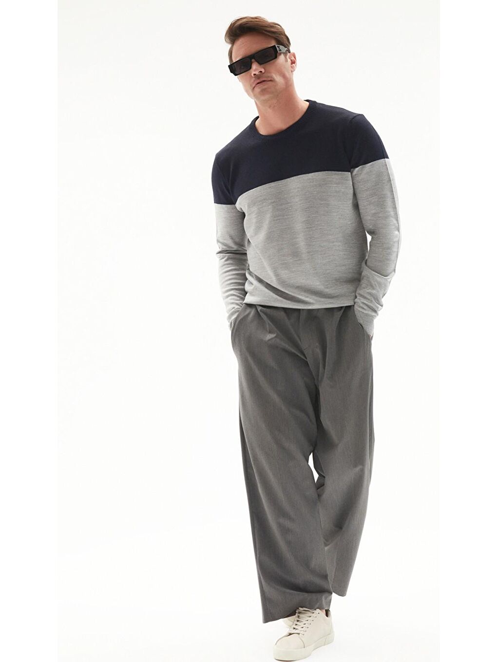 Gri Erkek Regular Fit Renk Bloklu Triko Kazak-2