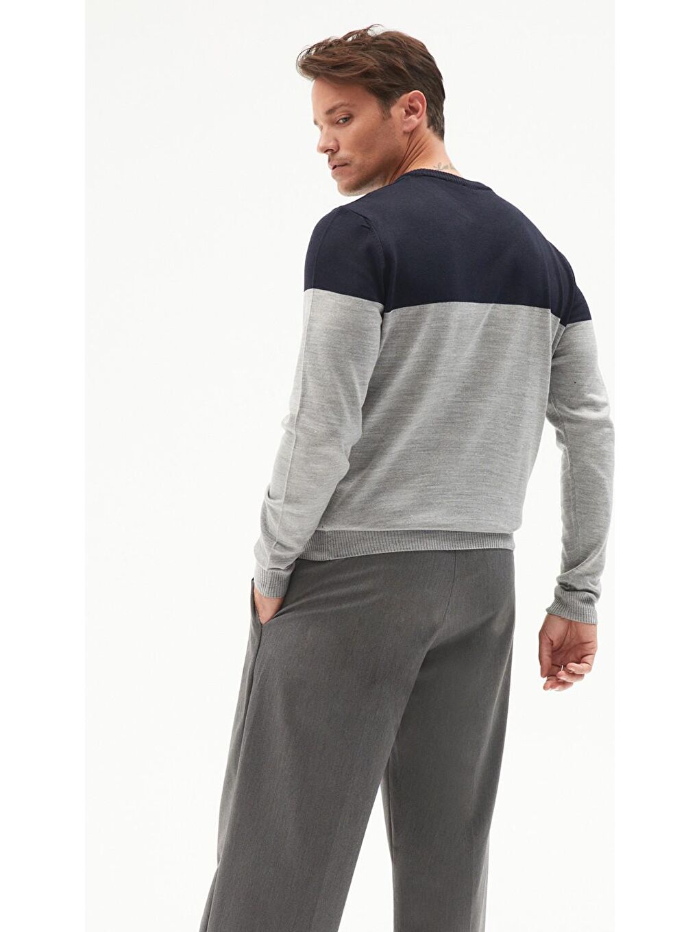 Gri Erkek Regular Fit Renk Bloklu Triko Kazak-3