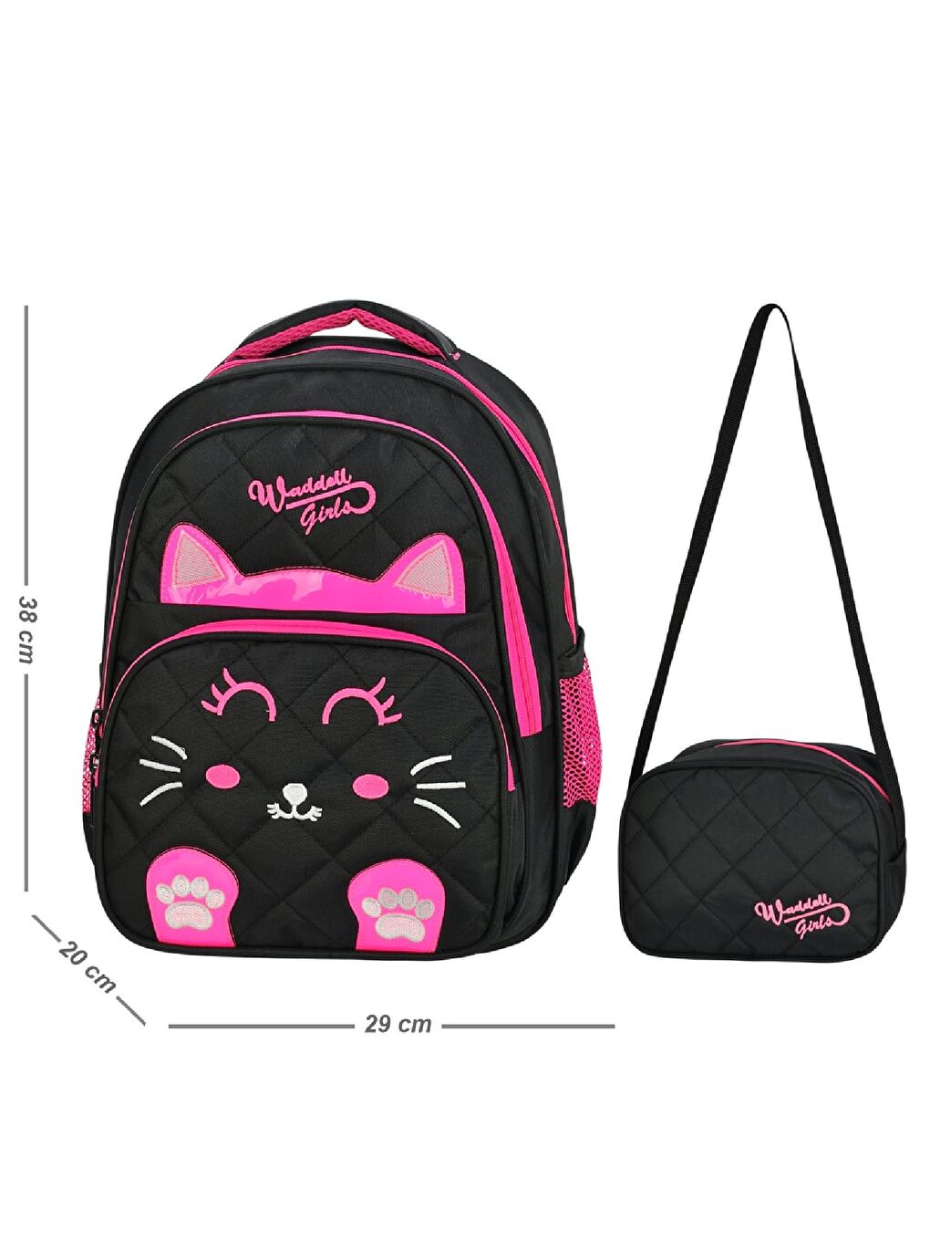 3 Bölmeli İlkokul Çantası ve Beslenme Çantası Kedi Siyah-Pembe 5011-1
