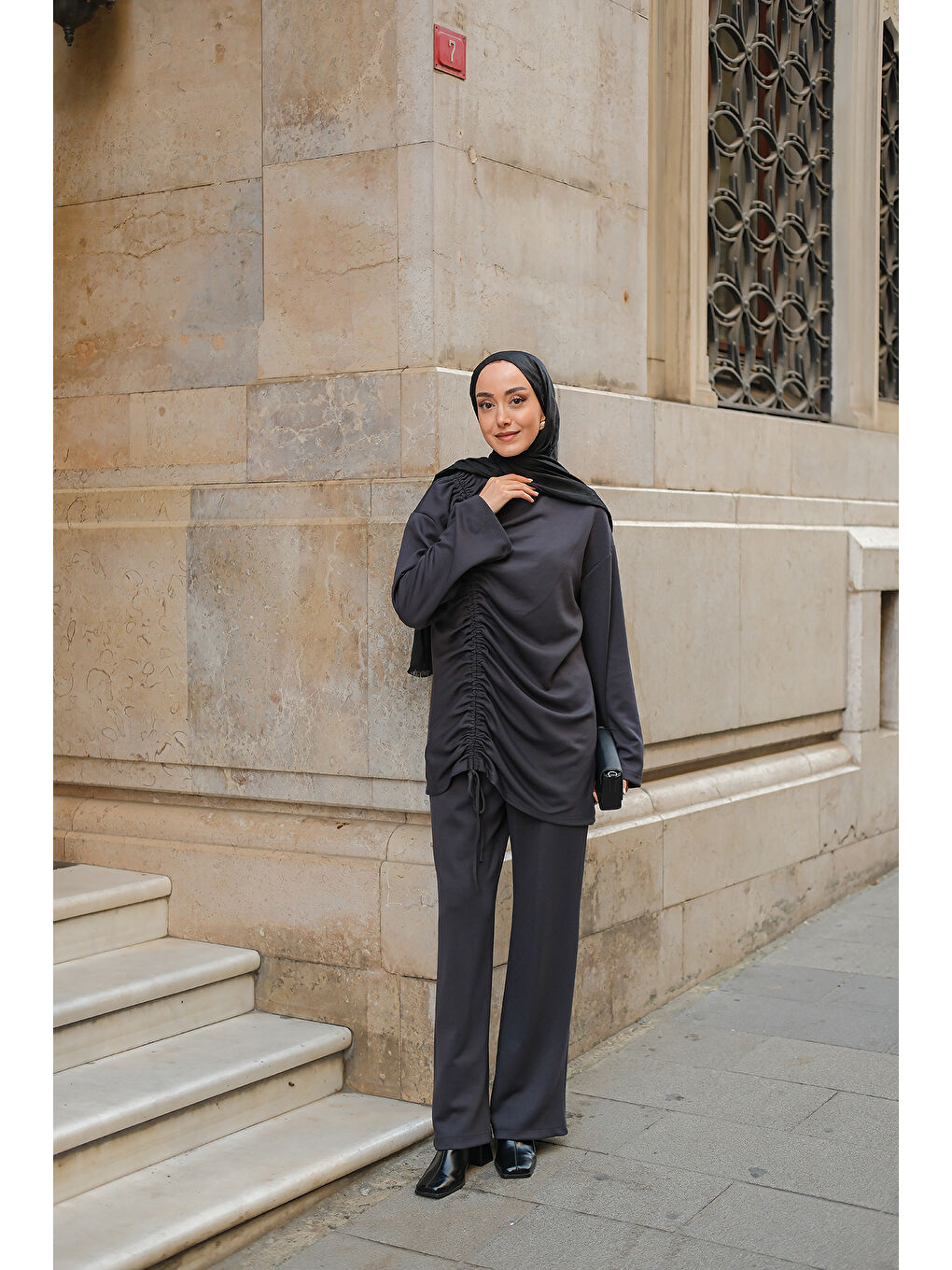 Gri Kadın Lastik Detay İkili Takım Füme-2