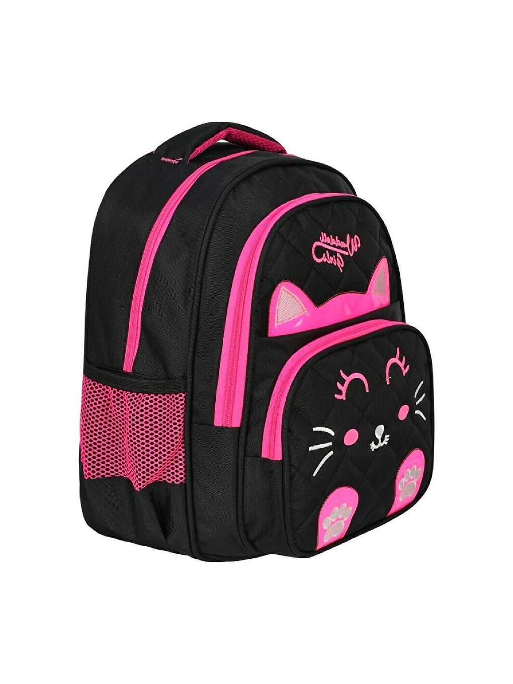 3 Bölmeli İlkokul Çantası ve Beslenme Çantası Kedi Siyah-Pembe 5011-5