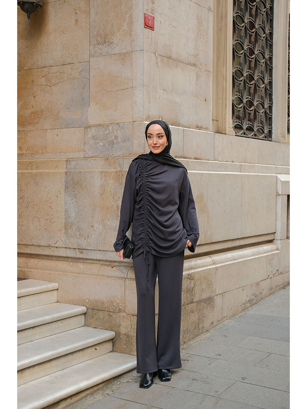 Gri Kadın Lastik Detay İkili Takım Füme-3